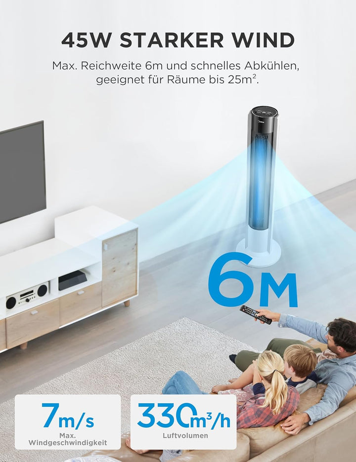 Midea FZ10-19BRA Turmventilator, robuster Kupfermotor, Luftzufuhr nach innen, Fernbedienung, 7-Stund