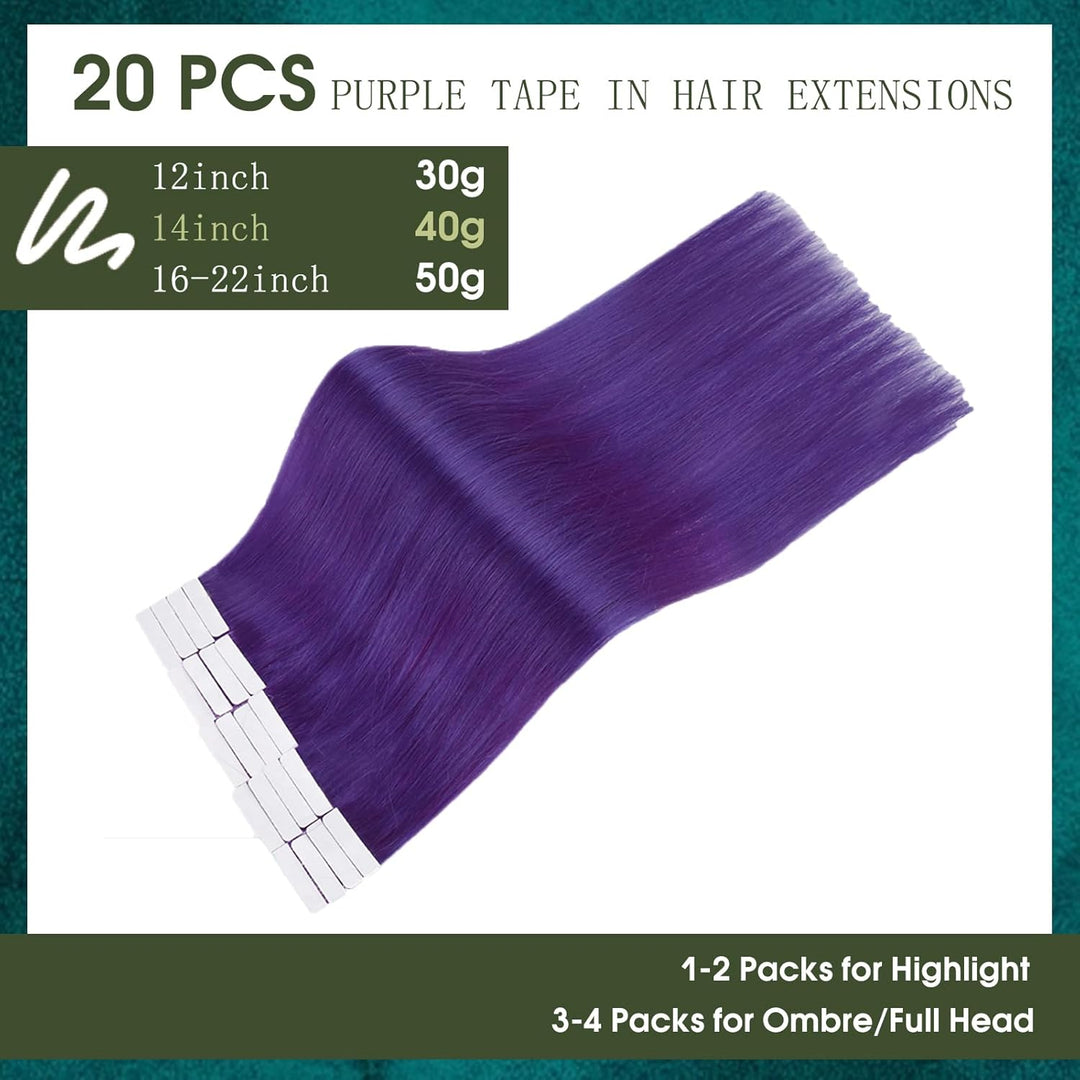 RUNATURE Tape in Extensions Echthaar Lila 35cm Glatt Menschliches Haar Extensions Echthaar Tape 40g