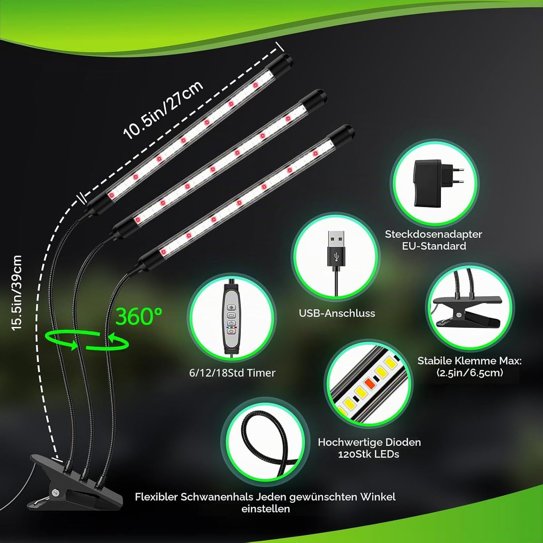 1Pack 3Köpfe Pflanzenlampe LED, Pflanzenlicht Vollspektrum, Pflanzenleuchte mit Zeitschaltuhr, 3 Far