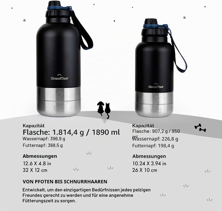 GrandTies Isolierte tragbare Hundewasserflasche mit 2 abnehmbaren Hundenapfspender, auslaufsicherer