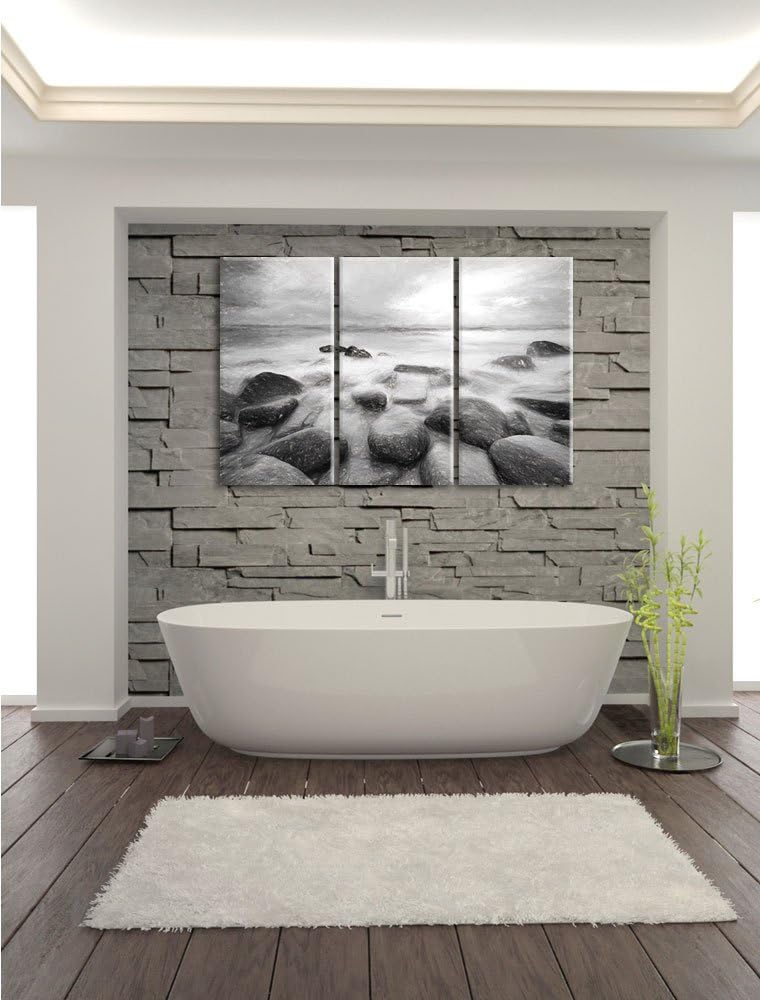 Pixxprint Romantisches Meer Kohle Zeichnung Effekt 3-Teiler Leinwandbild 120x80 Bild auf Leinwand