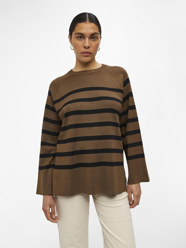 Object Damen Objester Ls Knit Top Noos Pullover, Dark Earth/Stripes:black