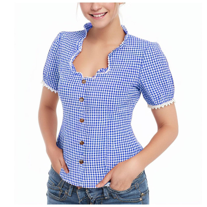 Trachtenbluse Damen Modern Karierte Bluse Oktoberfest Outfit Elegant Kurzarm Landhausmode Shirt Spit