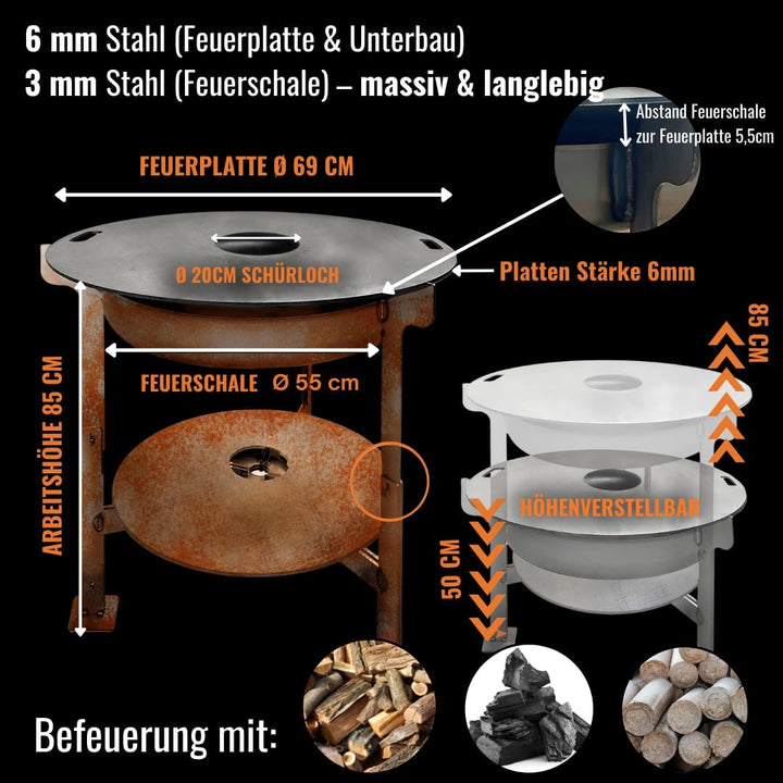 Terma Feuerschale mit Feuerplatte 69-80-100cm -Der Neue Grill Trend- Plancha Grillplatte feuertonne