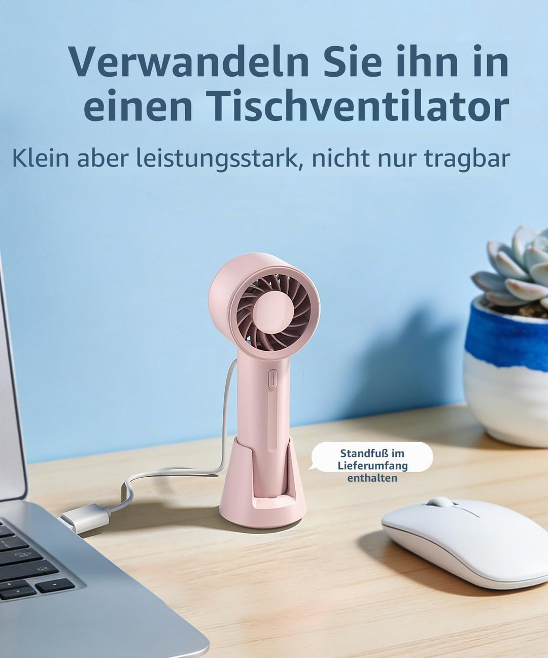 Tragbarer Handventilator mit Tischständer – 3 Geschwindigkeiten USB wiederaufladbarer Mini Ventilato
