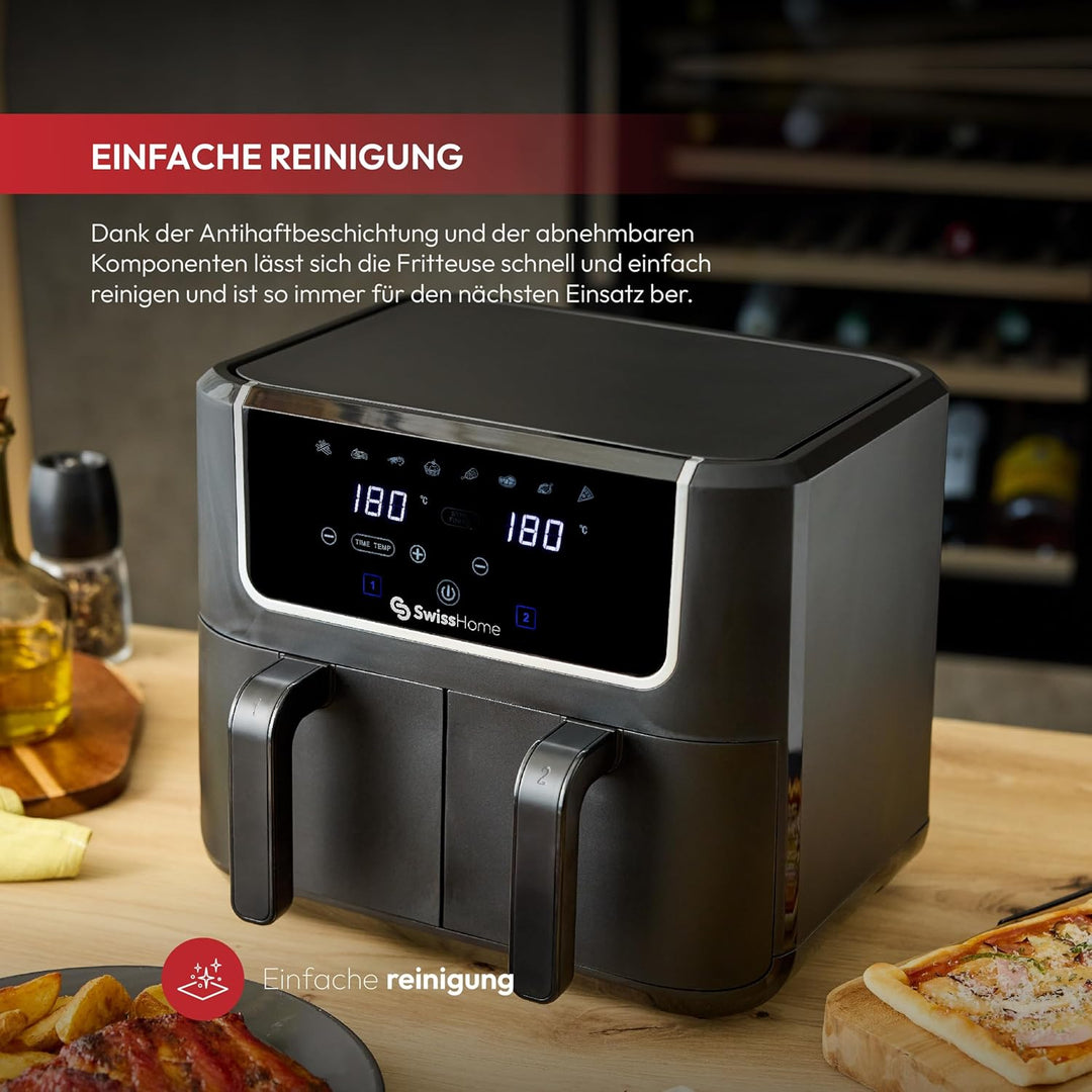 Z SwissHome DARK - Luftfritteuse 2100W - 2 Töpfe 3L - 8 Funktionen - LED-Touchscreen - Antihaftbesch