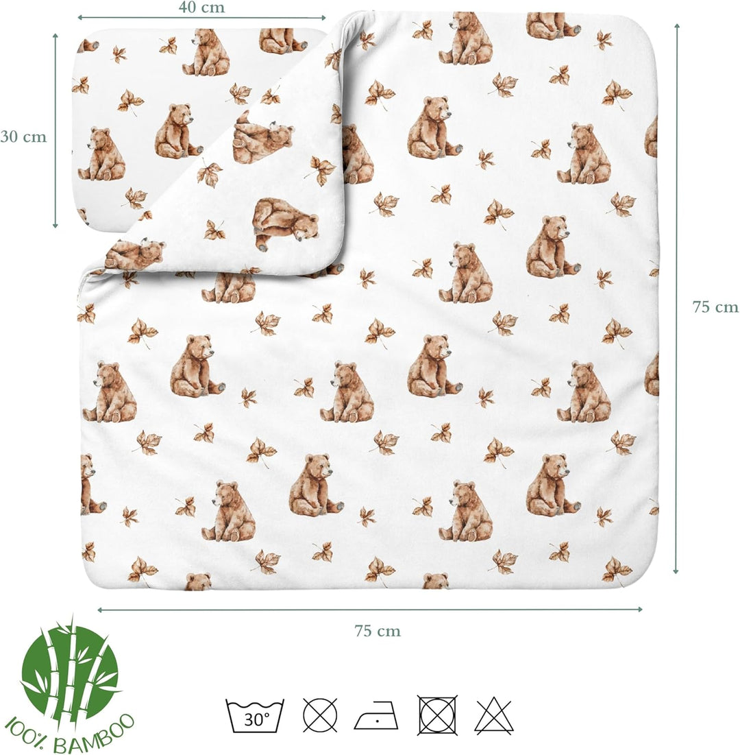Waldin Baby Kinder Bettwäscheset 100% Bambus, ohne Bezug, Hypoallergen, Decke und Kissen, Bärchen/We