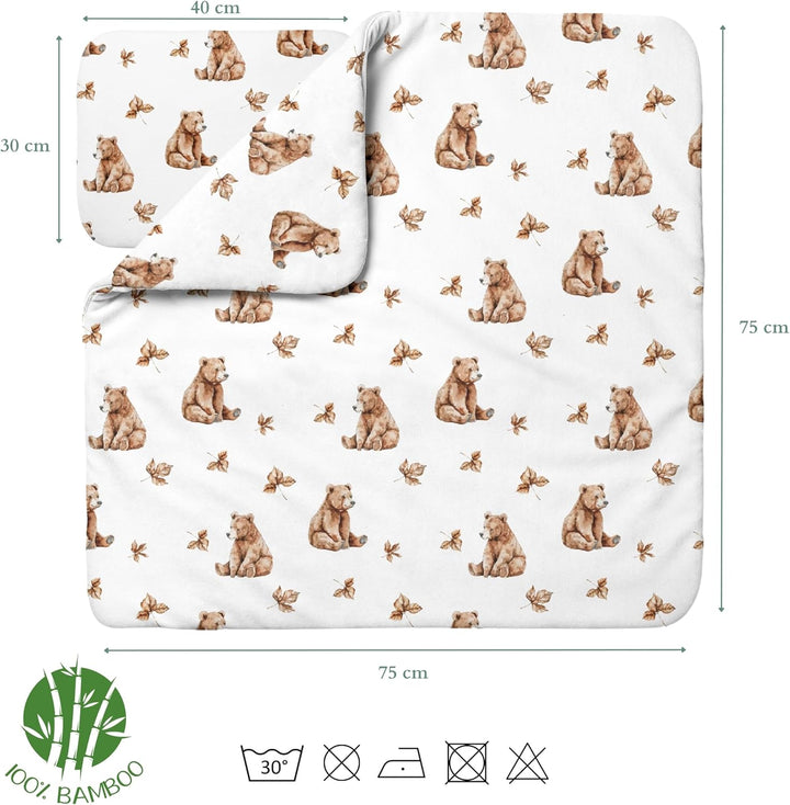Waldin Baby Kinder Bettwäscheset 100% Bambus, ohne Bezug, Hypoallergen, Decke und Kissen, Bärchen/We
