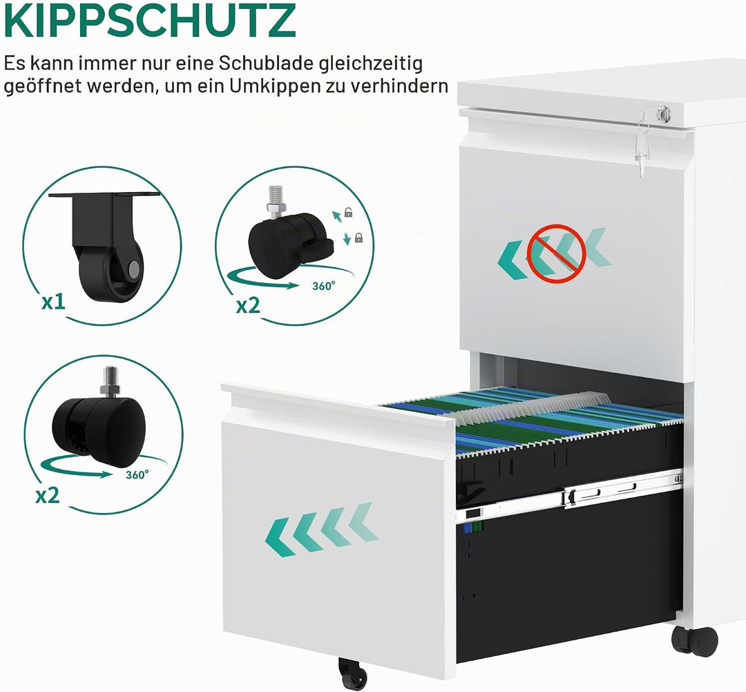 YITAHOME Mobiler Aktenschrank mit 2 abschliessbaren Schubladen, kippsicherer Roll-Aktenschrank mit R