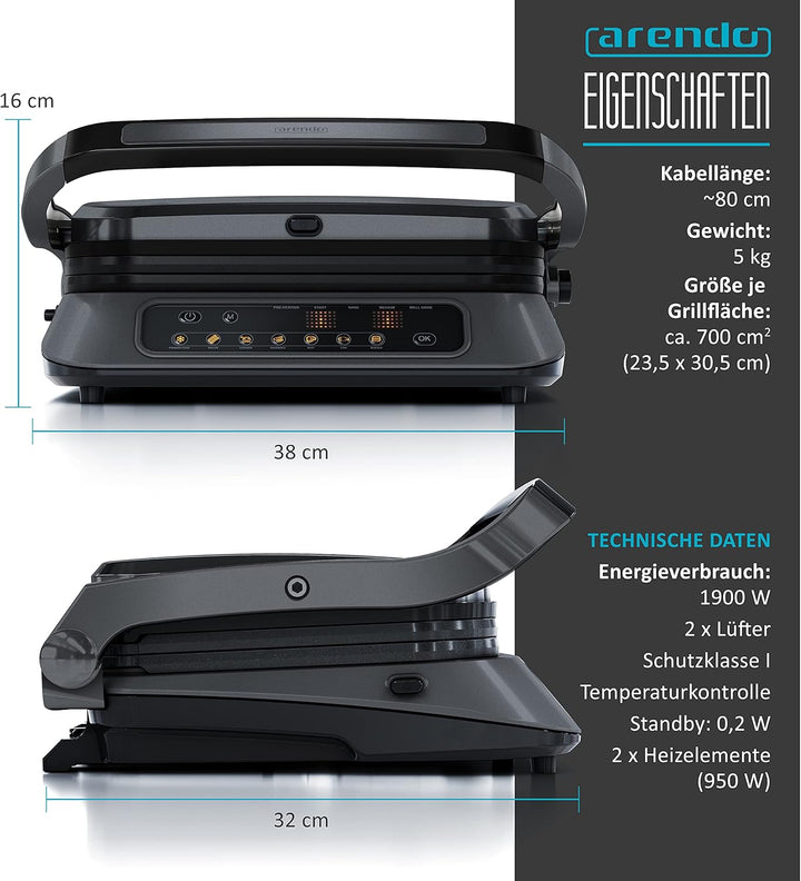 Arendo - Kontaktgrill - Elektrogrill - elektrischer Tischgrill mit Digitalsteuerung 1900 W - Sandwic