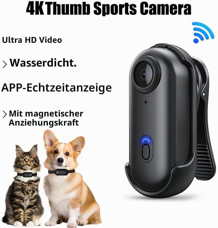 Winnes 4 K Mini Sportkamera, Tragbar,120 ° Weitwinkel, Sportkamera mit Clip hinten, 360 °, Audio- un