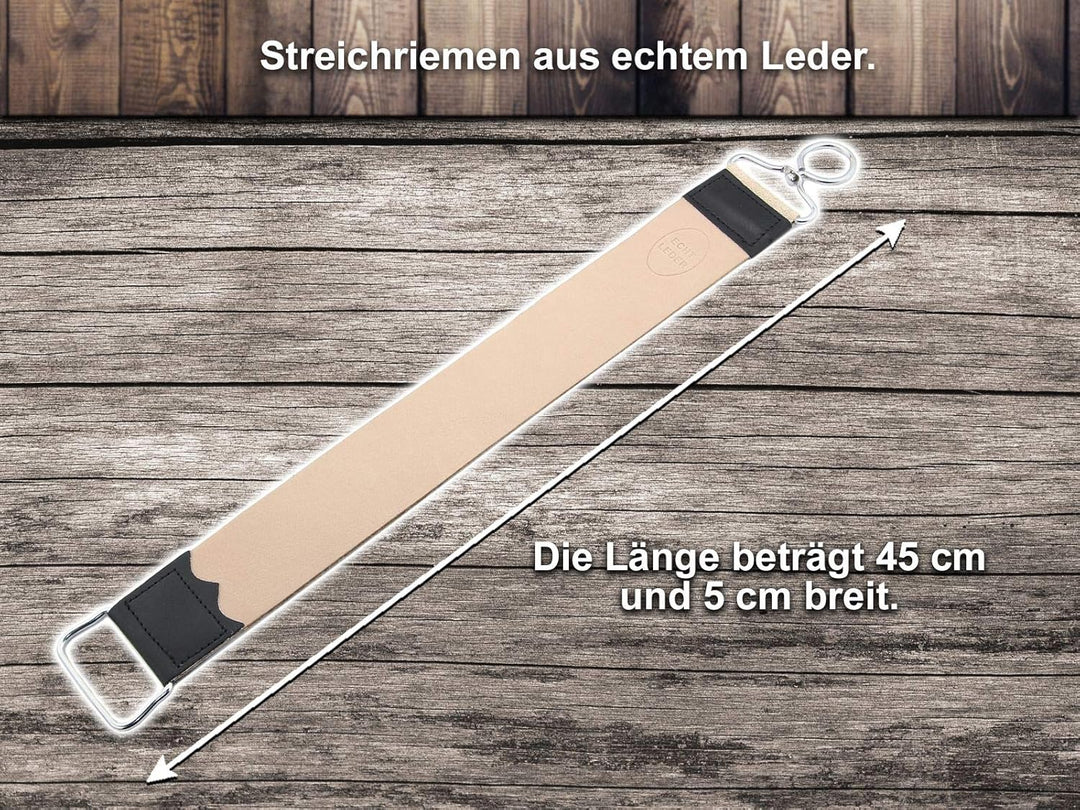 InstrumenteNrw Streichriemen mit Rasiermesser als Bartmesser Set - 2-Teilig - Klinge mit Goldätzung