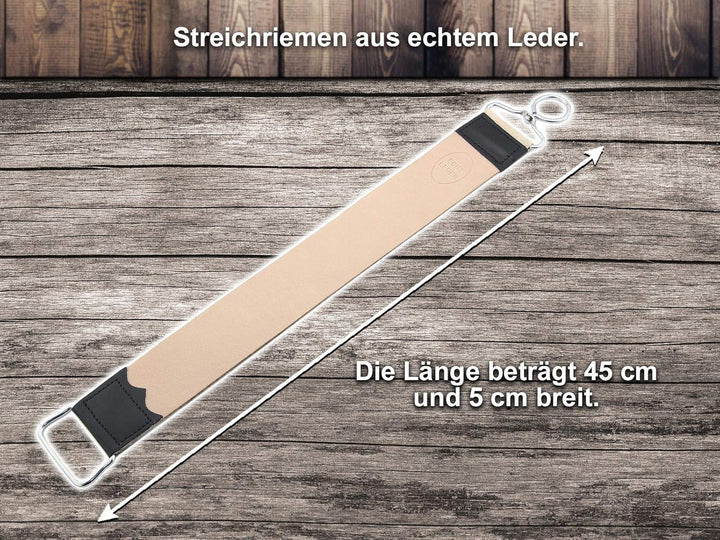 InstrumenteNrw Streichriemen mit Rasiermesser als Bartmesser Set - 2-Teilig - Klinge mit Goldätzung