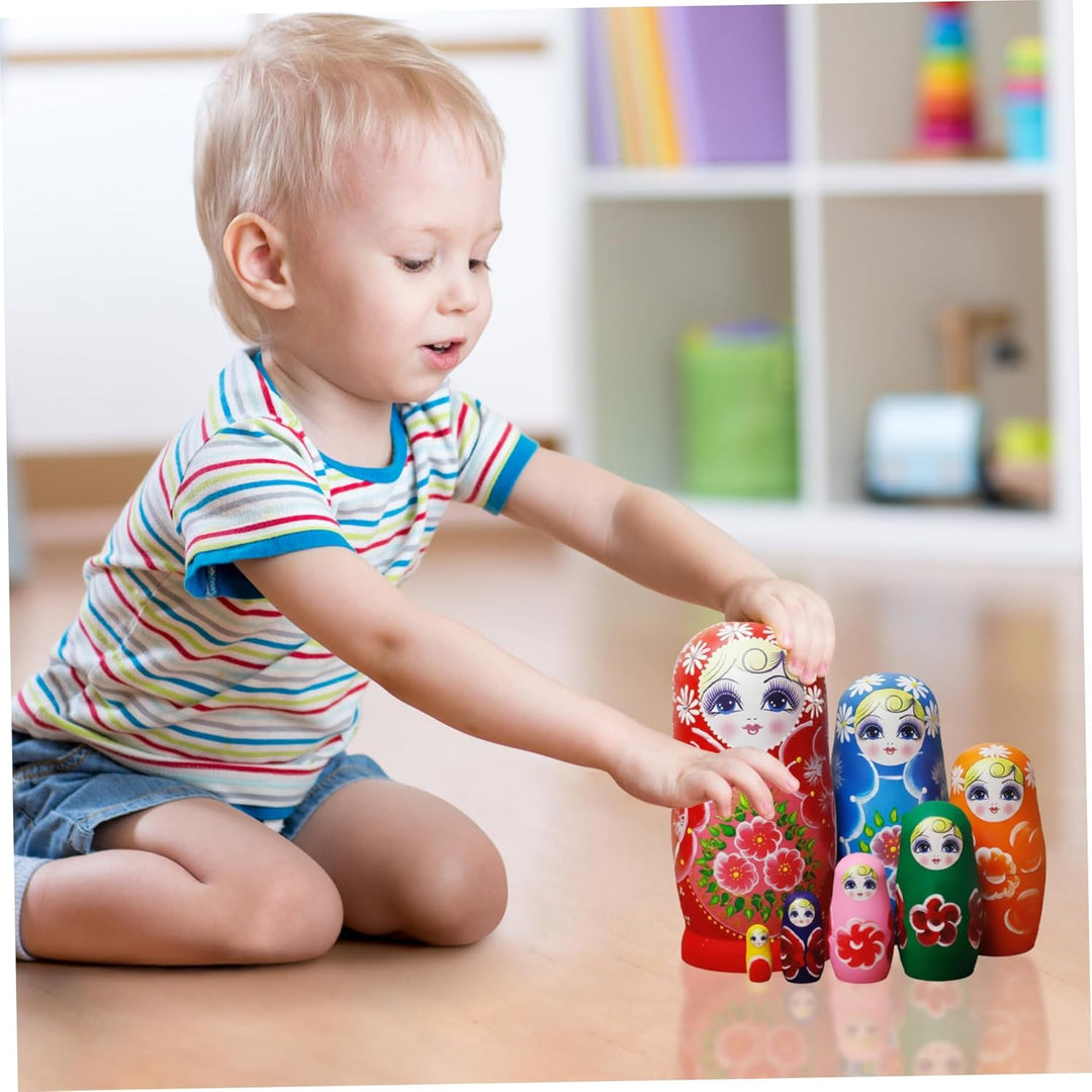 Set mit 7 russischen Nistpuppen, Matroschka-Puppe aus Holz mit Sonnenblumenmuster für Kinder und Erw