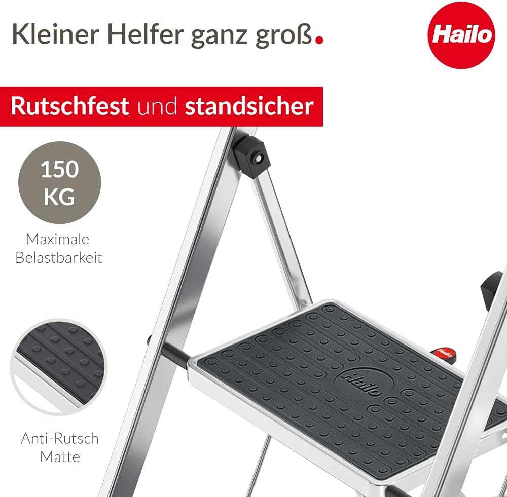 Hailo K70 StandardLine Alu-Klapptritt-Leiter - 2 grosse Stahl-Stufen mit Anti-Rutsch-Matten belastba