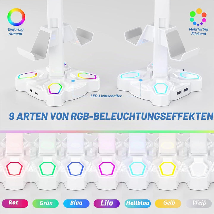 RGB Kopfhörer Halter, KDD Headset Halterung Drehbar mit 9 Lichtmodi, Controller Halter mit 2 USB Ans