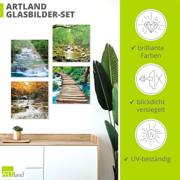 ARTland Glasbilder Wandbild Glas Bild Set 4 teilig je 30x30 cm Quadratisch Natur Wald Urwald Dschung