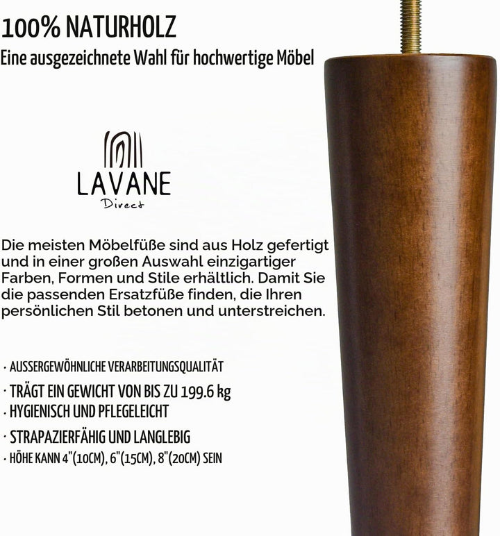 La Vane 4 Stück Möbelfüsse aus Massivholz - 15cm Höhe, Walnuss, Konisch mit M8 Gewindebolzen &amp; Monta