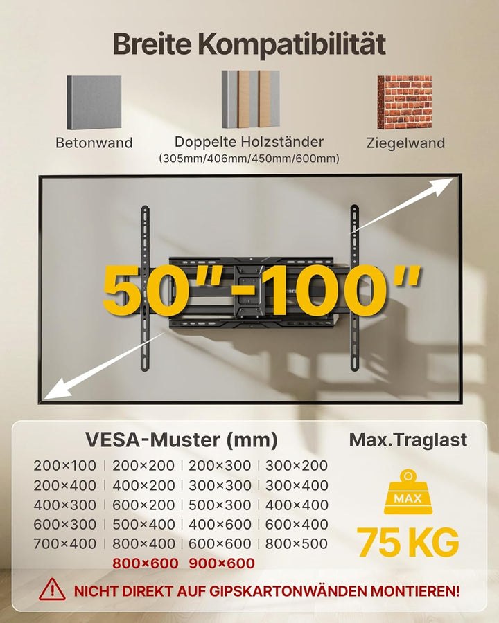 monTEK TV Wandhalterung für 50-100 Zoll Fernseher bis 75 kg, Schwenkbar Neigbar Wandhalterung Fernse