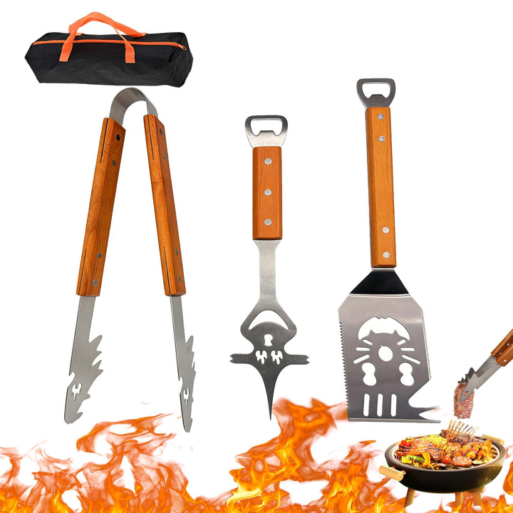 Grillbesteck Set 3-teilig Extra Lang – Edelstahl Grillbesteck mit Holzgriff & Tasche, Grillzubehör m