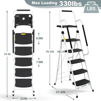 HBTower 5-Stufen-Leiter mit Handläufen, Klappbarer Tritthocker mit Breitem Anti-Rutsch-Pedal, Stabil