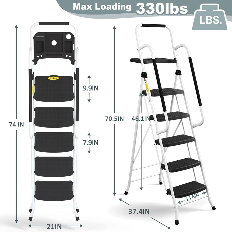 HBTower 5-Stufen-Leiter mit Handläufen, Klappbarer Tritthocker mit Breitem Anti-Rutsch-Pedal, Stabil