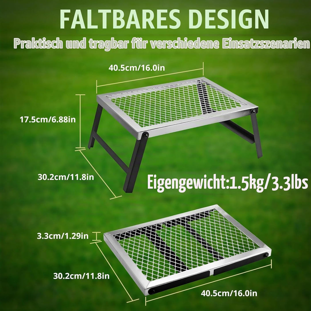 GARLLEN Faltbarer Lagerfeuer-Grill, 40x30cm Campinggrillrost, Tragbarer Edelstahl Grillgitter zum Au
