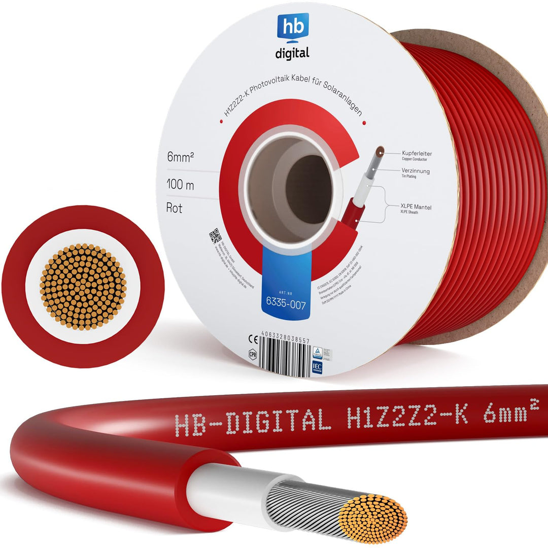 HB-DIGITAL 100m Solarkabel 6mm² H1Z2Z2-K inkl. 0% MwSt. gem. § 12 Abs. 3 UStG - TÜV Rheinland zertif