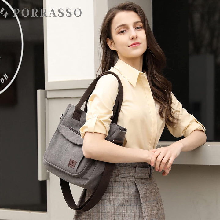 PORRASSO Damen Umhängetasche Canvas Schultertasche Handtasche Hobotasche Tote Mädchen Crossbody Bag