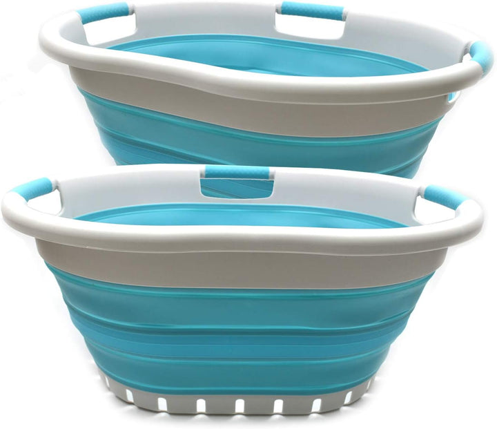 SAMMART 36L Collapsible 3 Handled Plastic Laundry Basket (Grau/Hellblau, 2) Grau/Hellblau 2, Grau/He