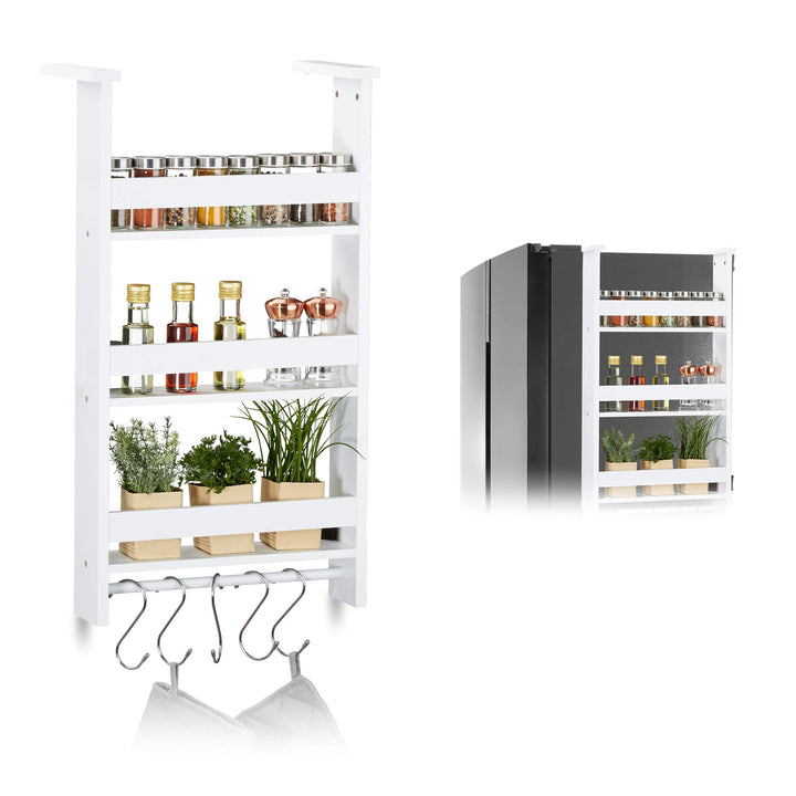 Relaxdays Hängeregal für Kühlschrank, Aufbewahrung von Gewürzen, mit Küchenreling & 5 Haken, MDF, HB