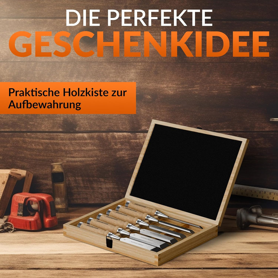 HOLZWURM Profi Stechbeitel-Satz für Holz, Stemmeisen-Set mit Schleifstein, 6 Meissel, Anleitung zum