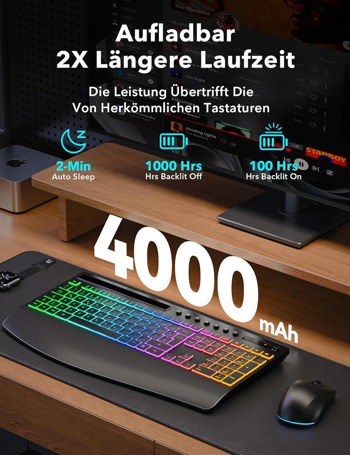 Tastatur Maus Set kabellos Beleuchtete, Wiederaufladbare Tastatur mit 4000 mAh Akku, Telefonhalter,