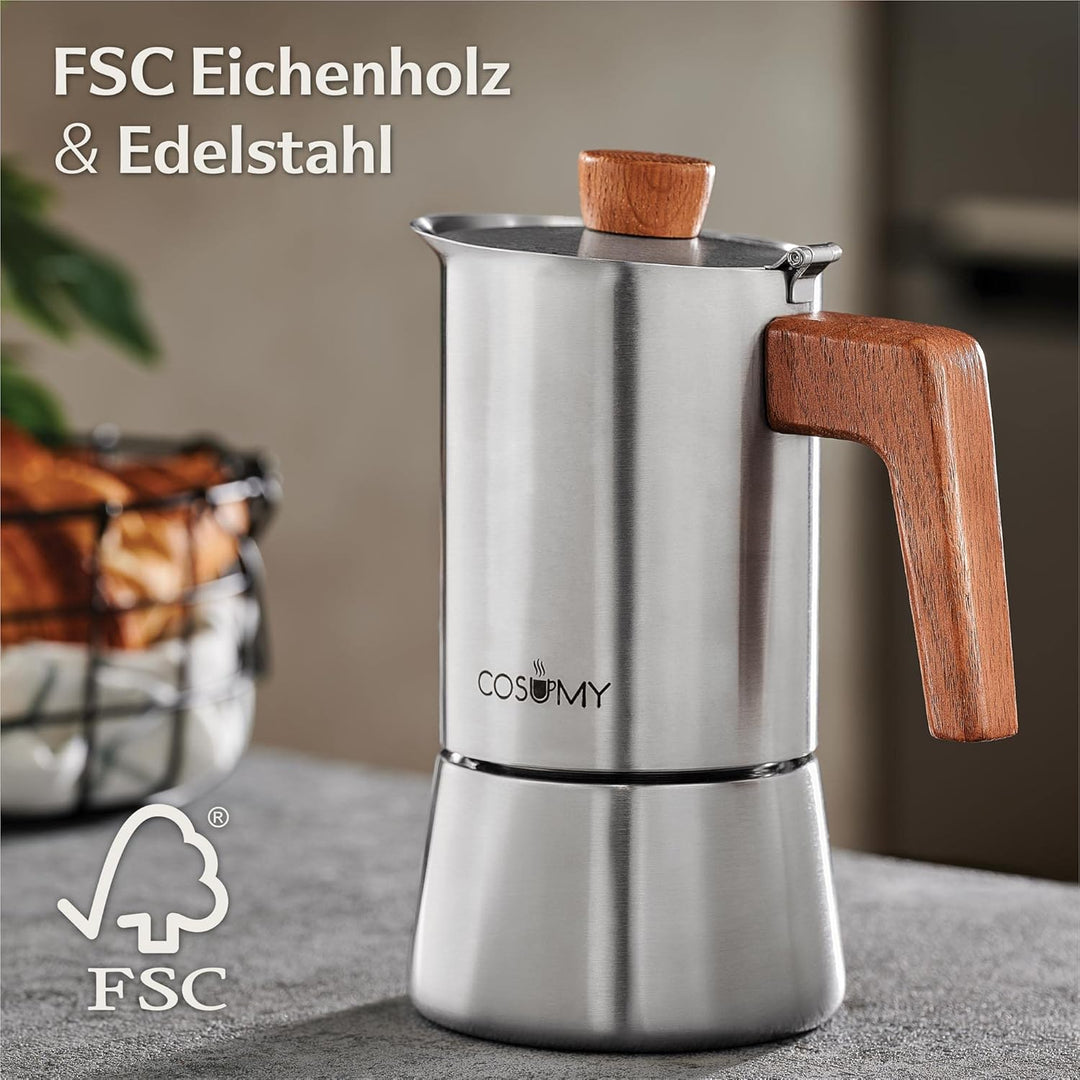 Cosumy Espressokocher Induktion für alle Herdarten geeignet - Mokkakanne Edelstahl 6 Tassen und FSC