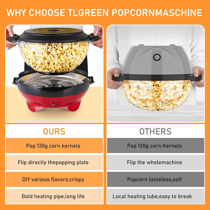 Popcornmaschine 5L, Popcorn Maschine mit Zucker & Öl, 800W Popcorn Maker für Zuhause mit Zwei Messbe