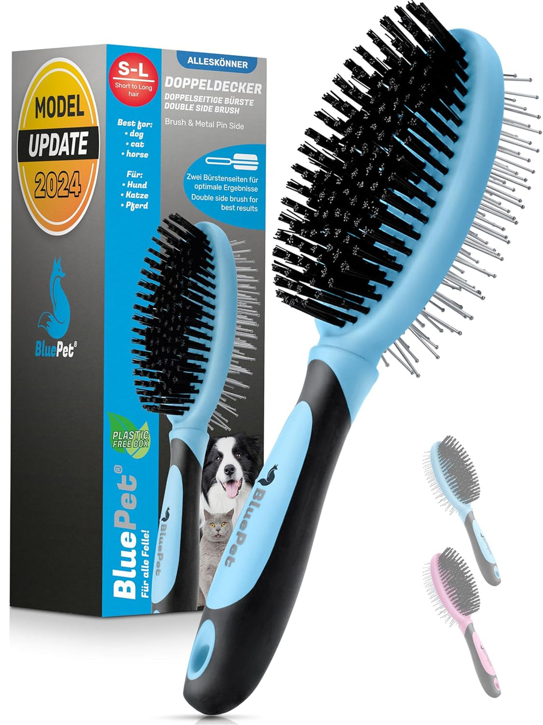 BluePet "DoppelDecker" 2in1 Hundebürste für Langhaar & Kurzhaar - Auch für Welpen & Katzen - Glätten