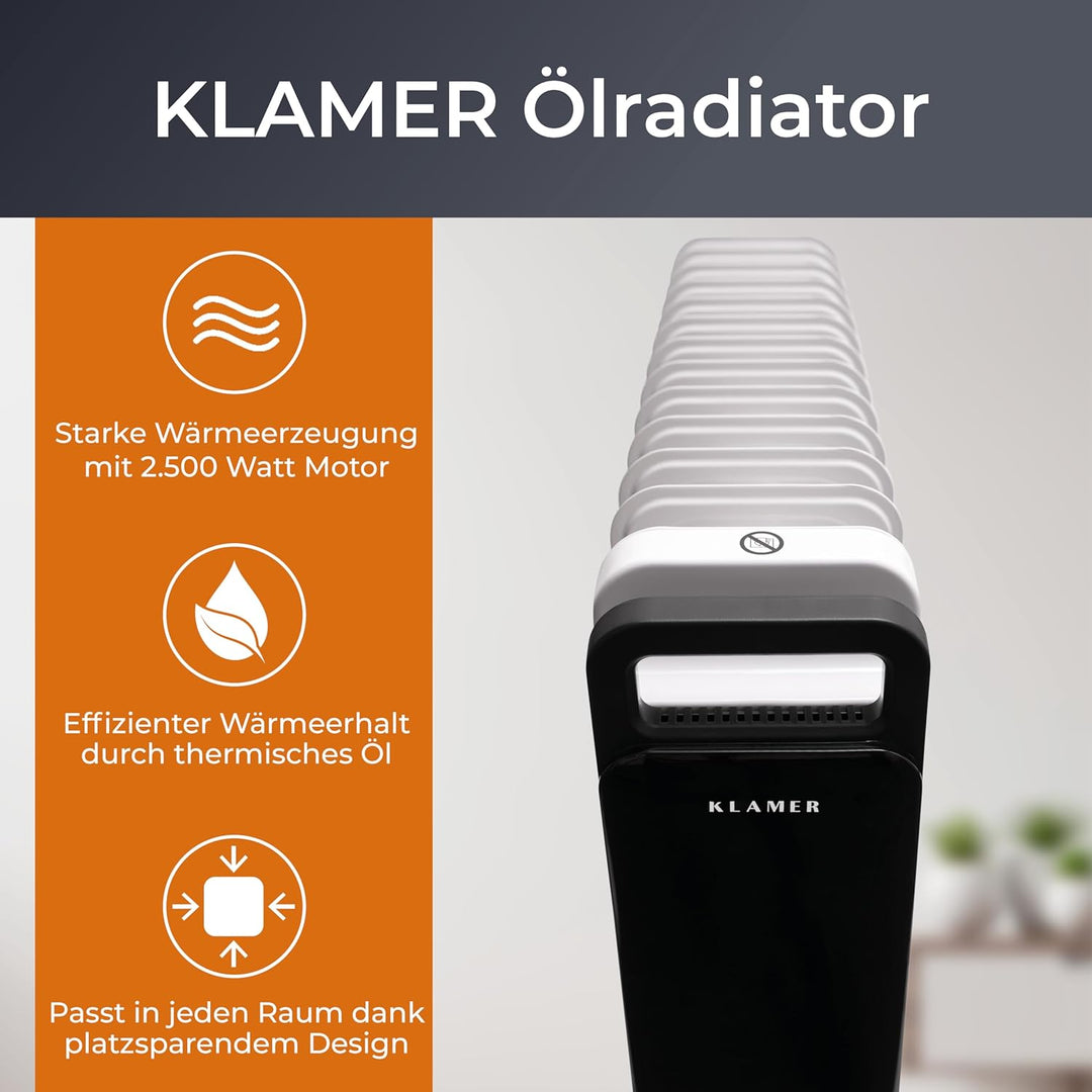 KLAMER Ölradiator 2500 W, Elektroheizung energiesparend, 13 Rippen, 3 Heizstufen mit Eco-Modus, 24h