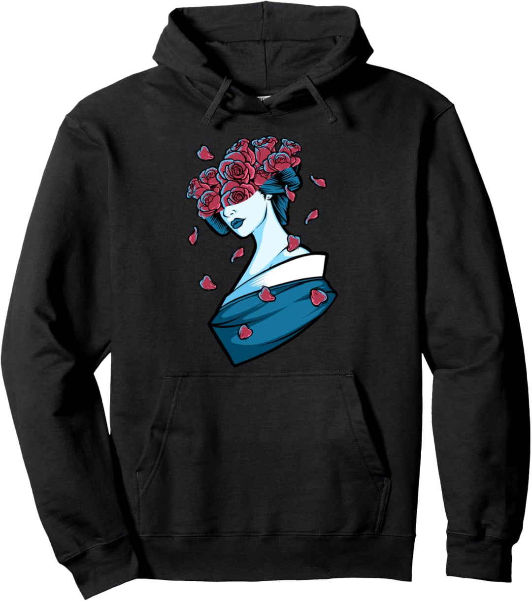 Geisha Red Roses Japanese Vaporwave Aesthetic Pullover Hoodie