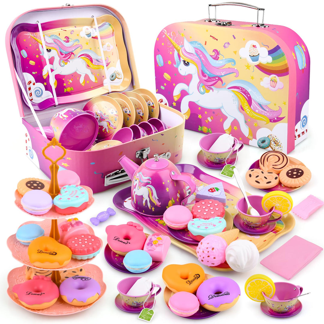 ARANEE Teeservice Kinder Teeparty Rollenspiel Spielzeug Tragekoffer für kleine Mädchen Zinn Tee Set