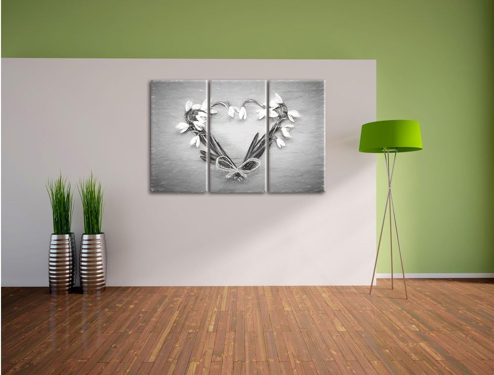 Pixxprint Herz aus Blumen Kunst / 3-Teilig/Gesamtmass 120cm Leinwandbild bespannt auf Holzrahmen/Wan