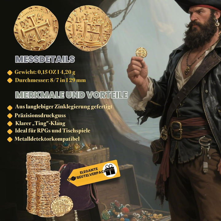 Piraten Münzen Zubehör,Goldmünzen-Set, Metall Goldtaler Deko Dublonen für DND Brettspiele, Cosplay,