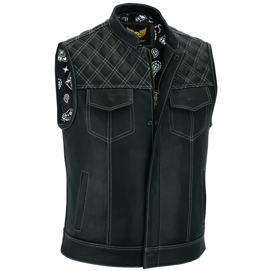 Leatherick Groove Club Herren-Motorradweste aus schwarzem Leder – Bikerweste 48 Schwarz (weisse Raut