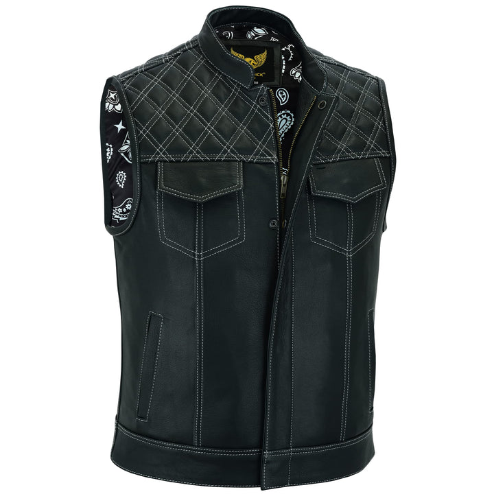 Leatherick Groove Club Herren-Motorradweste aus schwarzem Leder – Bikerweste 48 Schwarz (weisse Raut