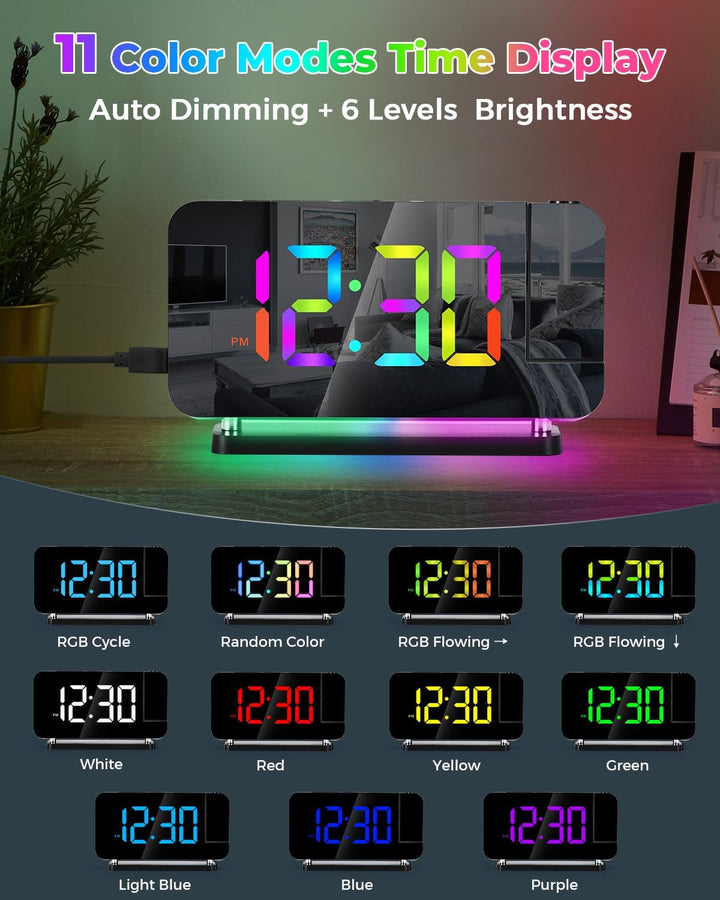 SZELAM Projektionswecker, 7.4 Zoll Digitale Spiegeluhren, mit 180° drehbarem Projektor, RGB-Nachtlic