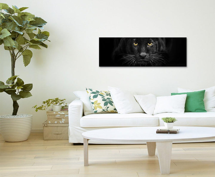 Sinus Art XXL Panoramabild 150x50cm Tierfotografie – Schwarzer Leopard mit bernsteinfarbenen Augen N