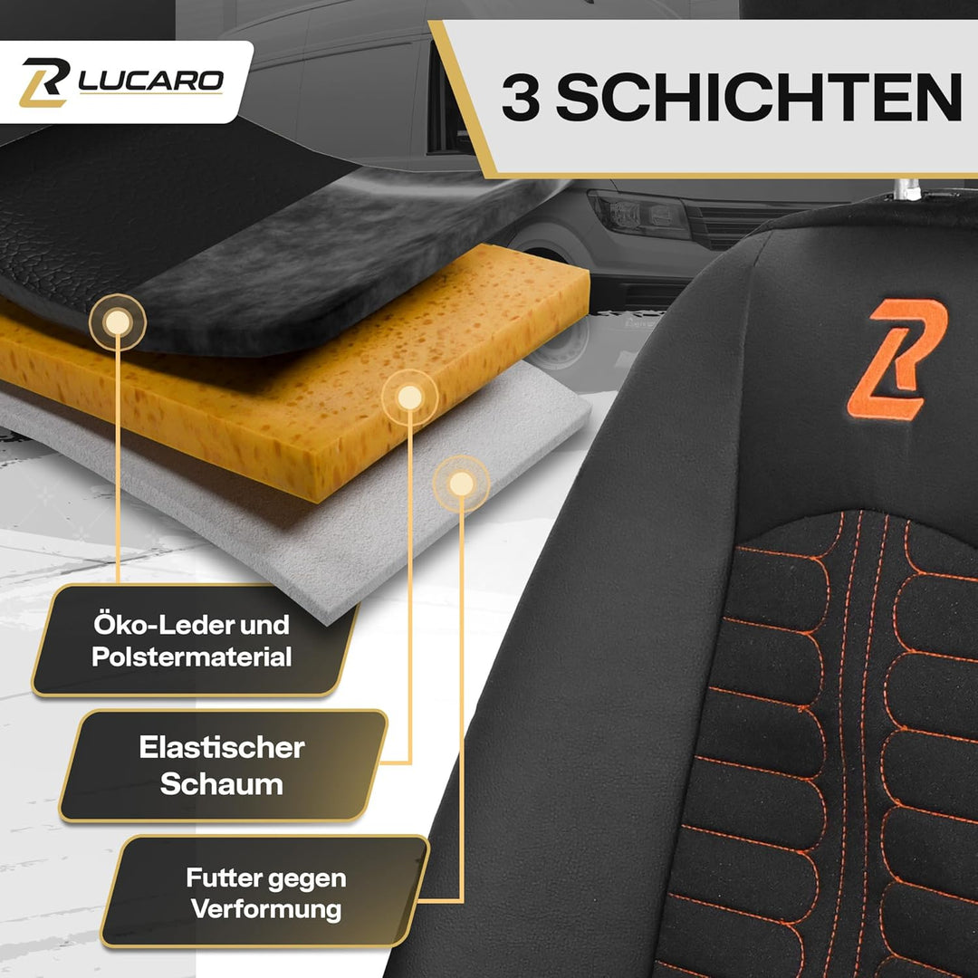 LUCARO Sitzbezüge für Mercedes Sprinter 3 ab 2018 - Sitzbezügesets 1+2 - Auto Sitzbezüge Schwarz Ora