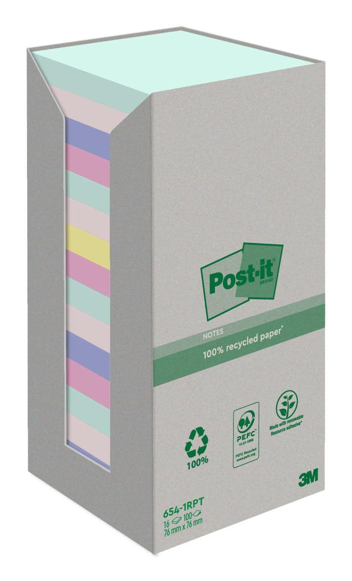 Post-it Recycling Notes Assortierte Farben, Packung mit 16 Blöcken, 100 Blatt pro Block, 76 mm x 76