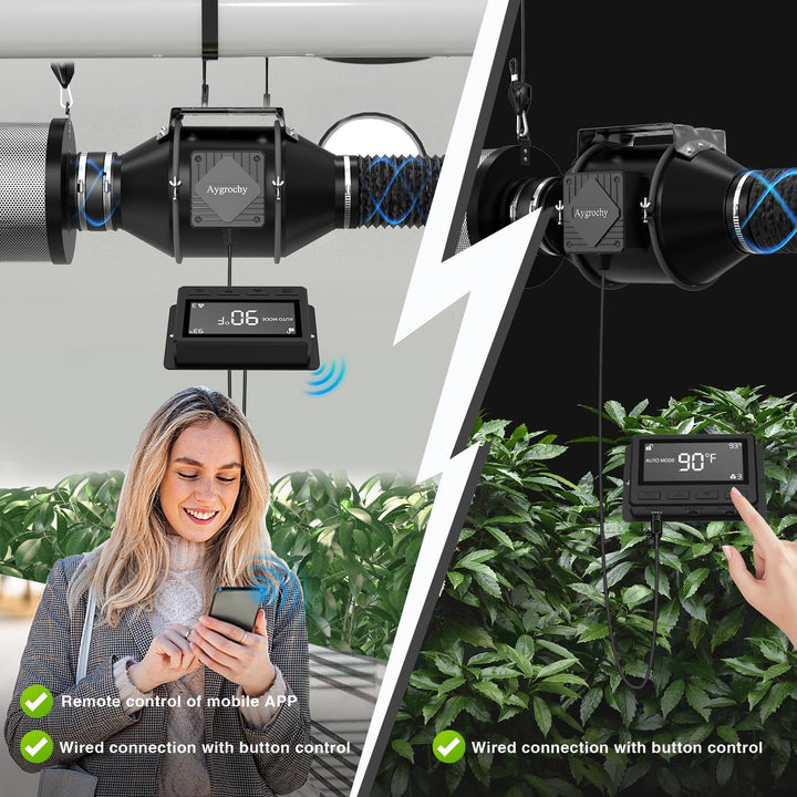Aygrochy Abluftset 100mm,Rohrventilator mit Temperatur- und Feuchtigkeitsregler, WiFi App Steuerung,