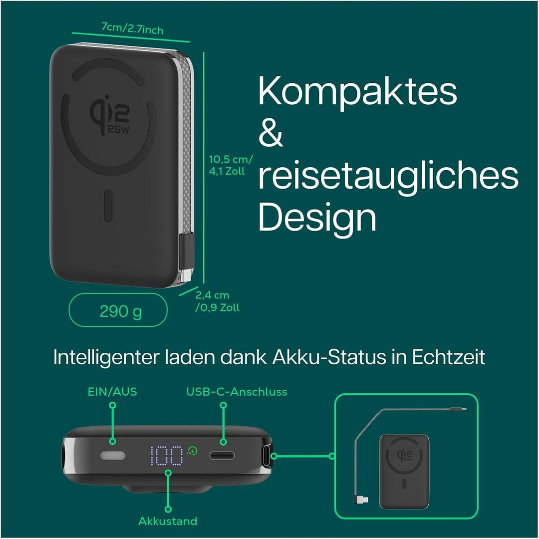 Magnetische Powerbank Qi2.2 25W Zertifiziert – Wireless Powerbank 10000mAh Schnellladen Ladegerät -