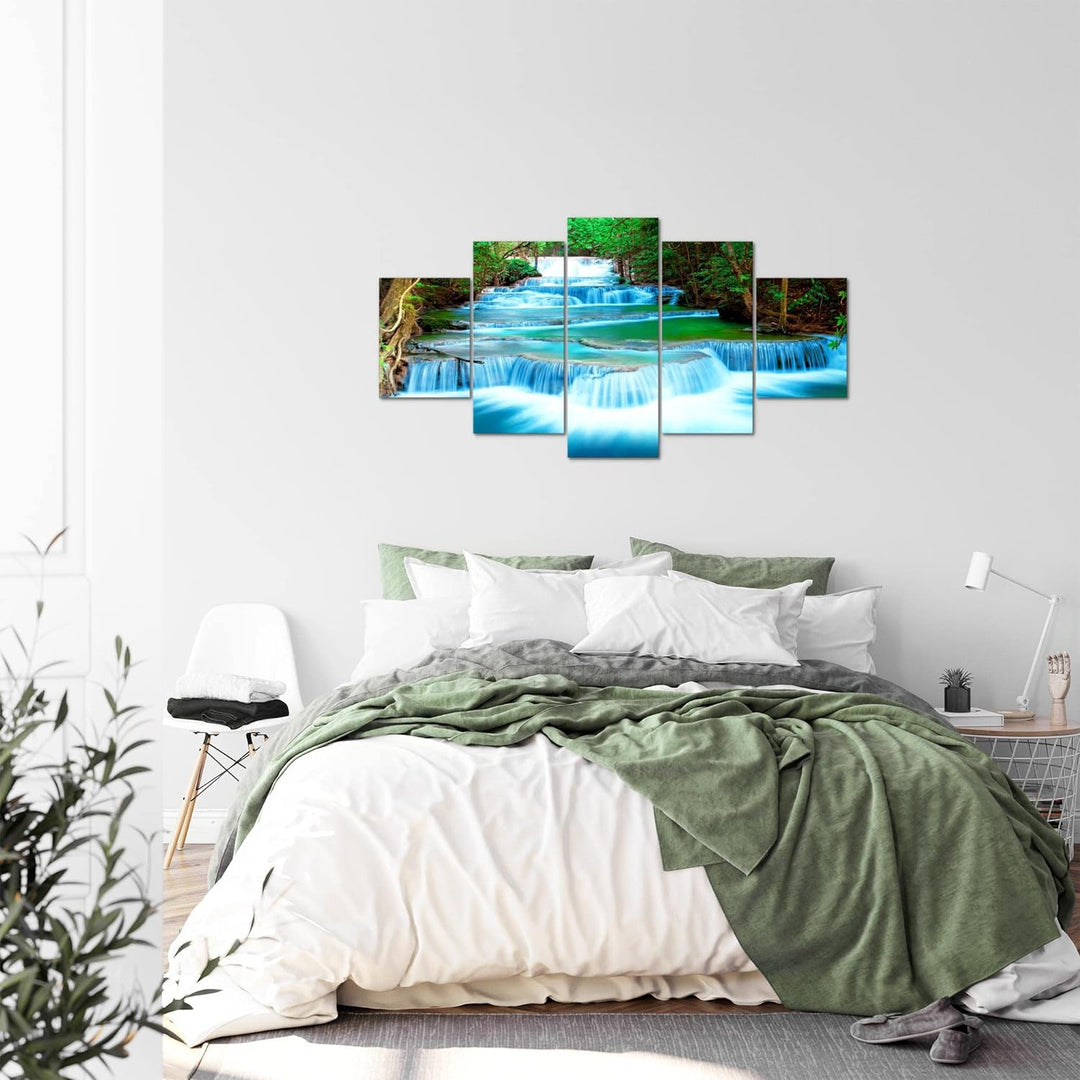 Runa Art Bild Schlafzimmer Wohnzimmer Wasserfall Landschaft 5 Teilig Berge Blau Grün Wandbilder auf